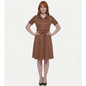 Tommy Hilfiger Coffee Faux Suede Dress Size 18 NWT, Short Sleeve Collared